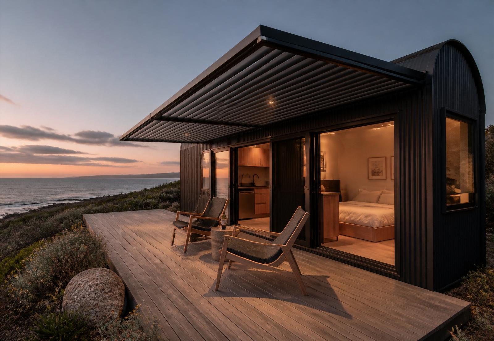 Tiny home with aluminium louvre awning at sunset